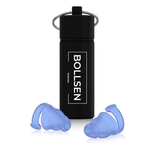 Modri čepki za plavanje BOLLSEN Watersafe+ s črno aluminijasto škatlico